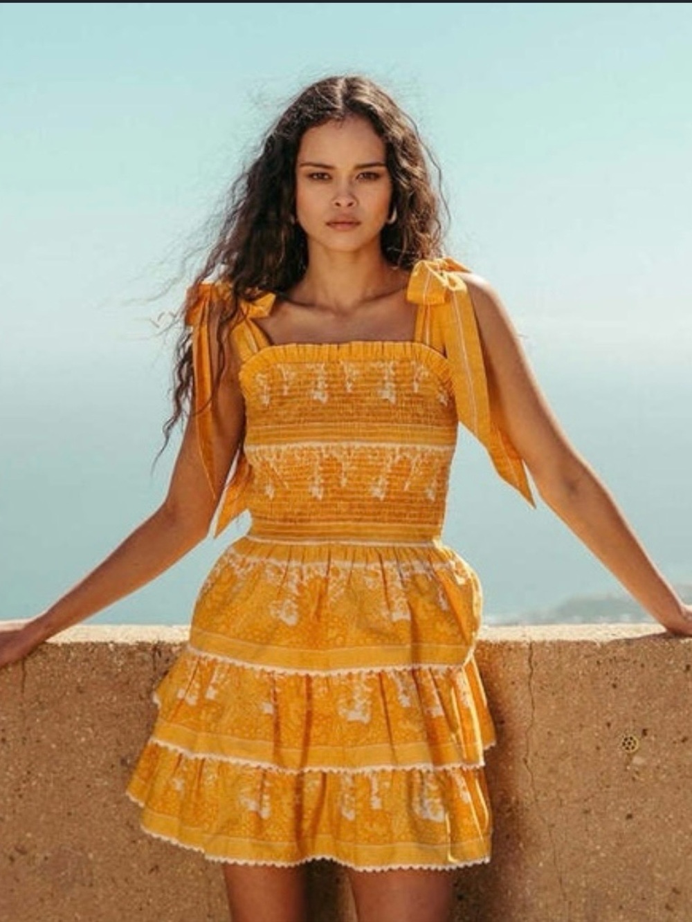 Cleobella Organic Cotton Yellow Mini Dress Size XS Tie Strap Tiered Boho